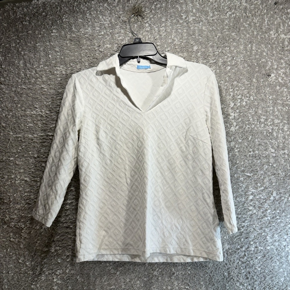 J. McLaughlin Collared V-Neck 3/4 Sleeve Top S Nylon Blend UPF Preppy Textured